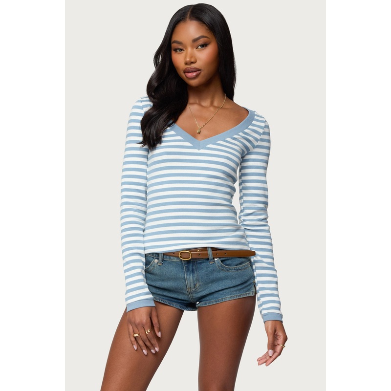 Kimi Striped Long Sleeve V Neck Top BLUE-AND-WHITE XS