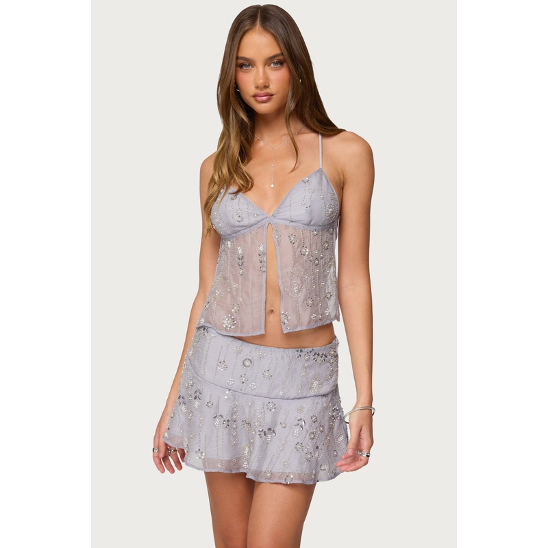 Kylie Beaded Split Front Backless Top GRAY XS