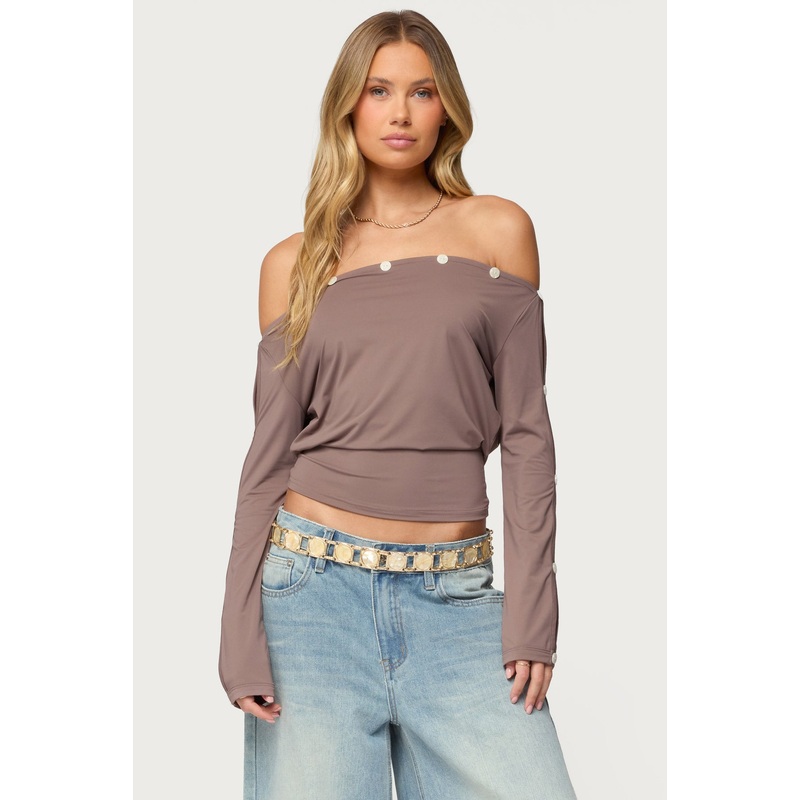 Ronee Off Shoulder Button Cutout Top BROWN XS