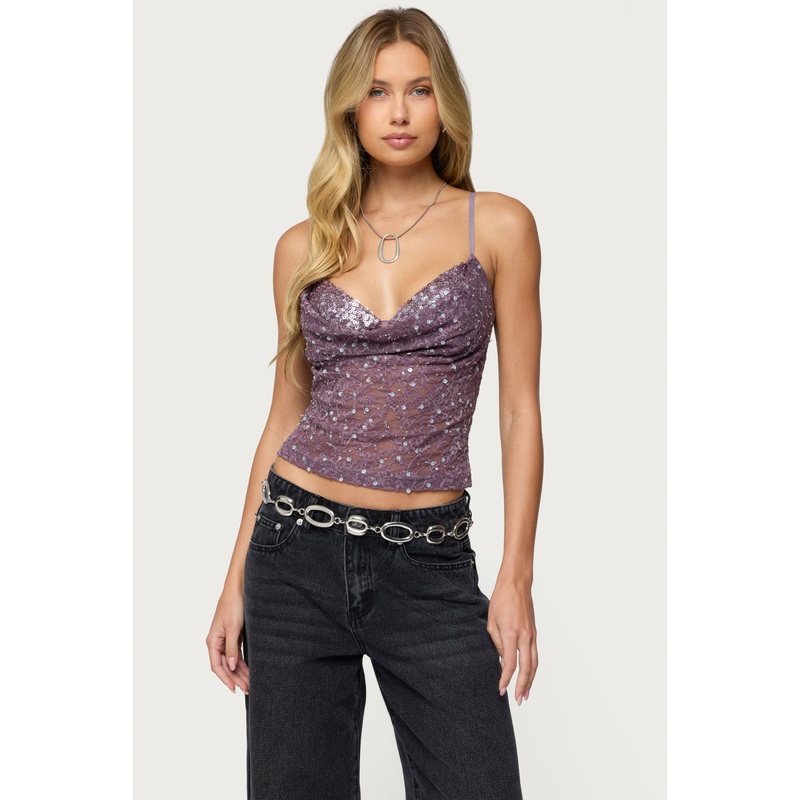 Sequin Layered Bra Cowl Neck Top PURPLE XS