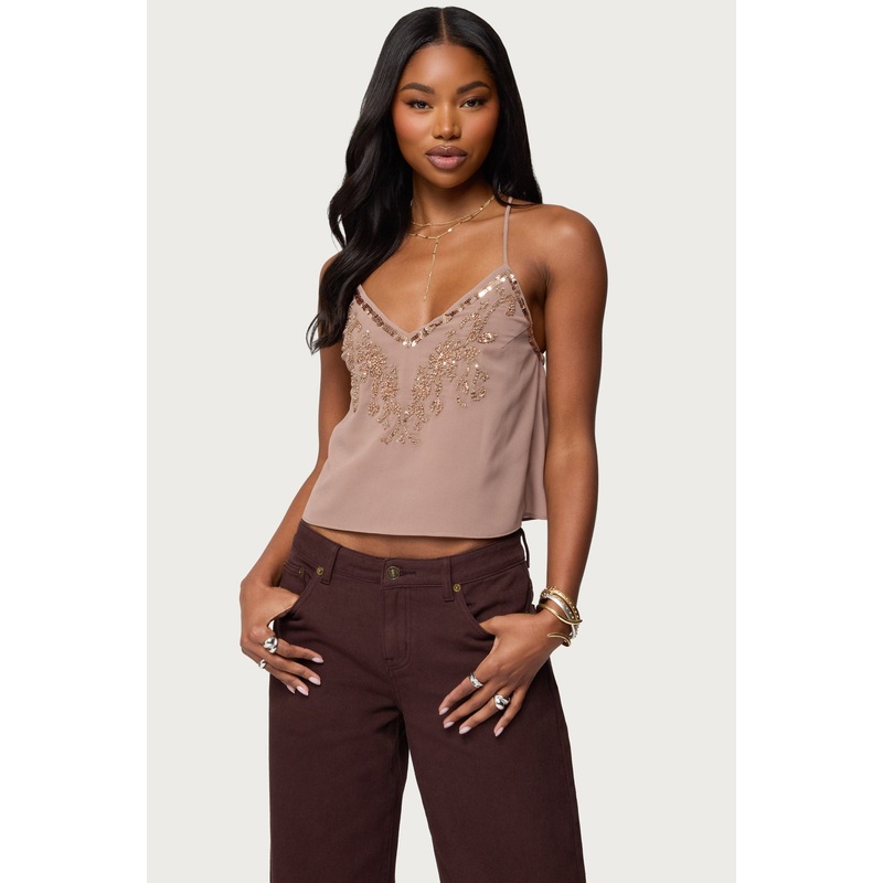 Sorina Embellished V Neck Top TAUPE XS