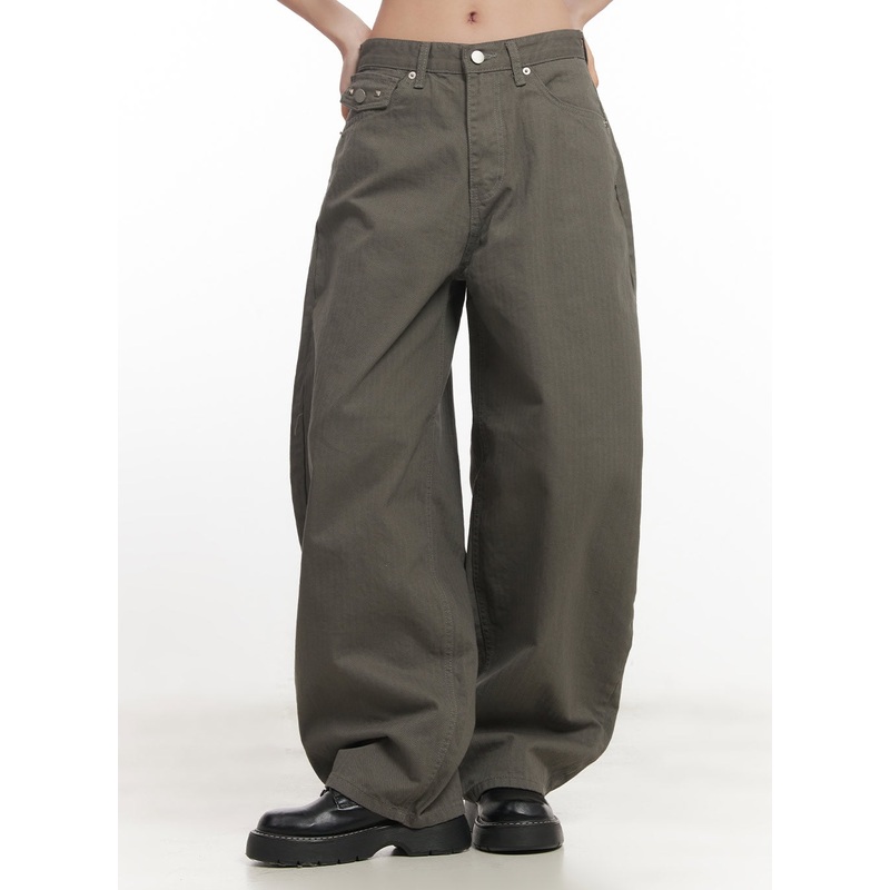 Studded Wide-Fit Cotton Pants CF526 Dark green S