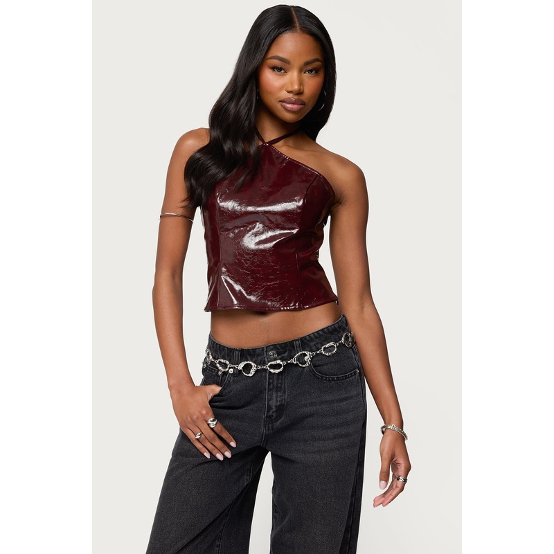 Hailie Faux Leather Halter Top BURGUNDY XS