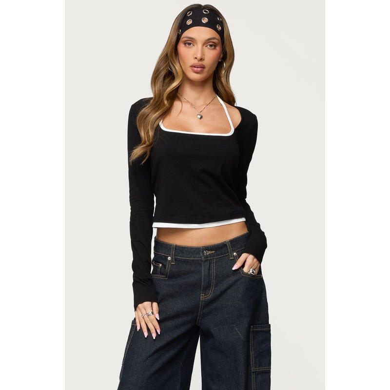 Ksenia Contrast Layered Square Neck Top BLACK XS