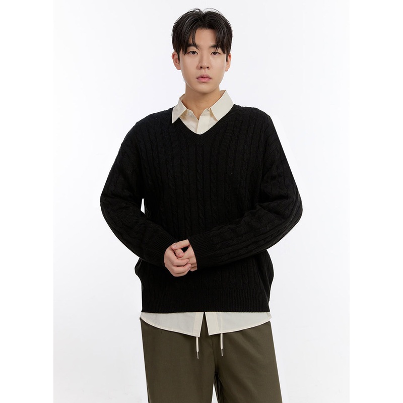 Men’s Cable-Knit V-Neck Sweater IF528 Black M/L