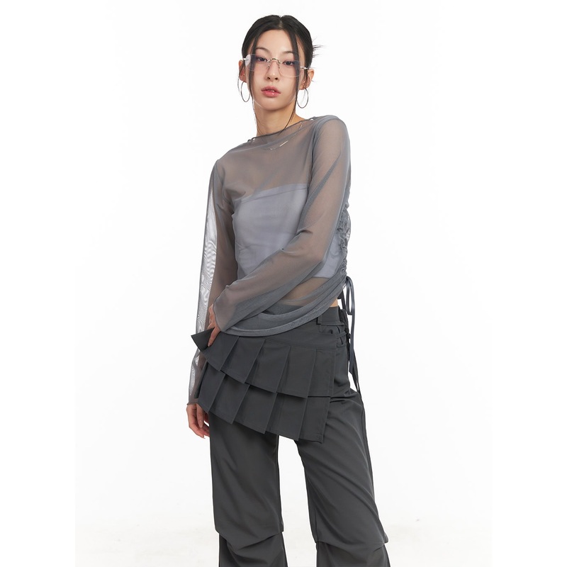 Sheer Shirring Ribbon Long-Sleeve Top CM503 Gray S/M