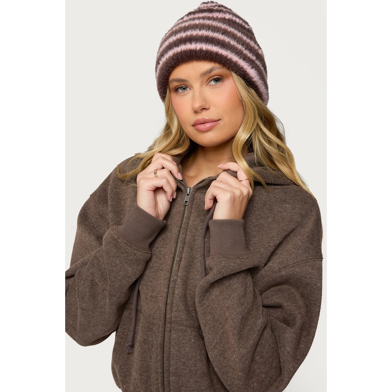 Striped Fuzzy Knit Beanie BROWN-AND-PINK OS