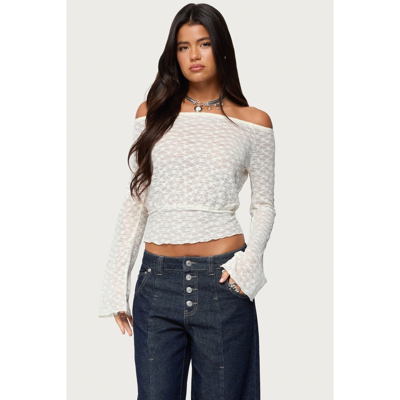 Alef Sheer Lace Off Shoulder Top CREAM XS