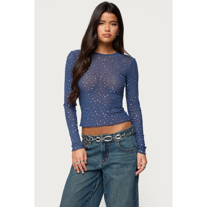 Anari Rhinestone Mesh Top BLUE XS