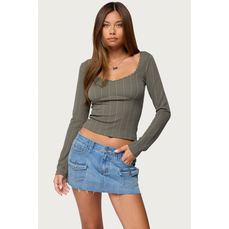Beatrix Lacey Ribbed Top OLIVE XS