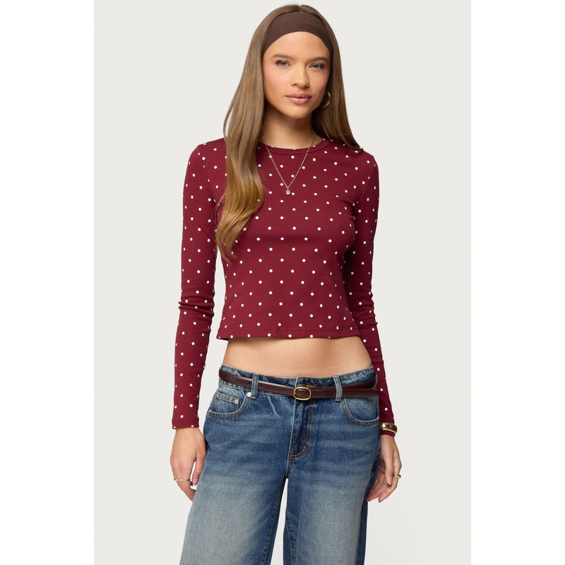 Daliya Polka Dot Long Sleeve Top BURGUNDY XS