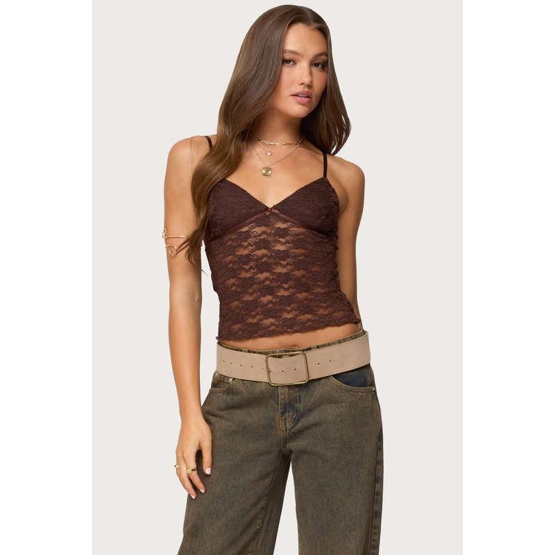 Eira Sheer Lace Tank Top BROWN XS