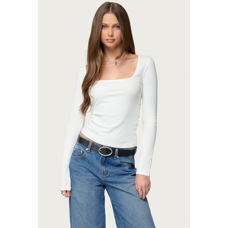 Zandra Square Neck Ribbed Top WHITE XS
