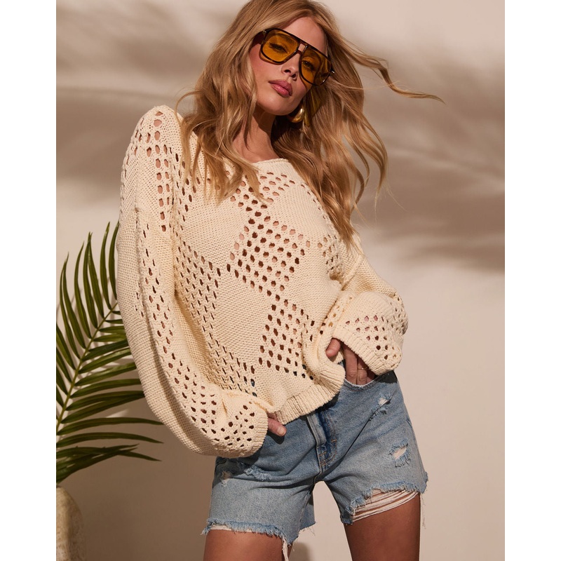 Abby Knit Crochet Sweater Cream XS