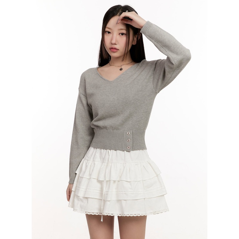 Buttoned V-Neck Crop Sweater CM510 Gray S/M