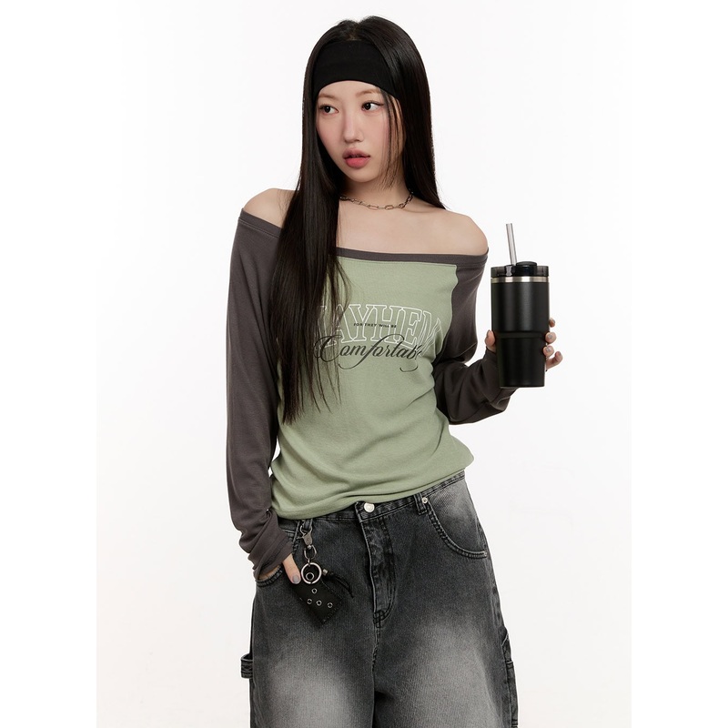 Graphic Two-Tone Off-Shoulder Top CM507 Green M/L