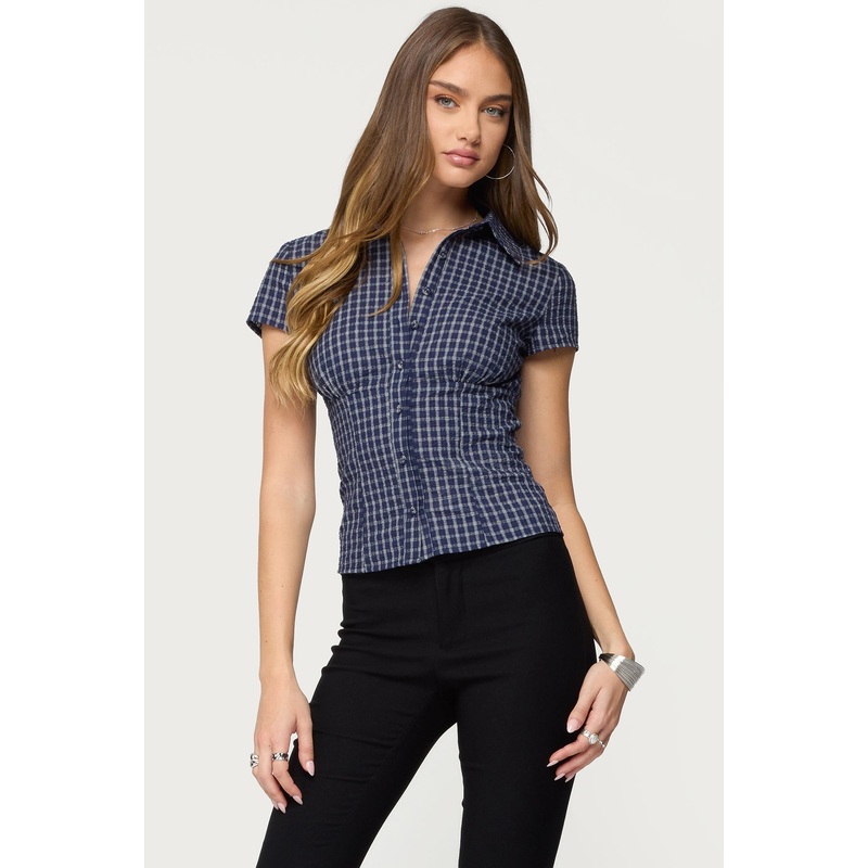 Oriya Gingham Tailored Button Up Shirt NAVY XS