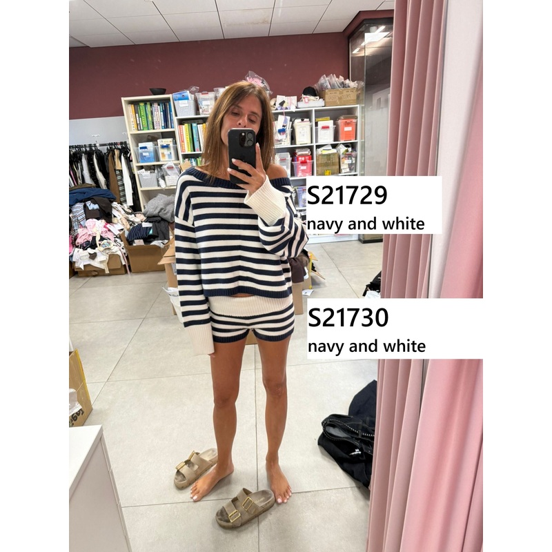 Saphi Striped Foldover Knit Shorts NAVY-AND-WHITE XS