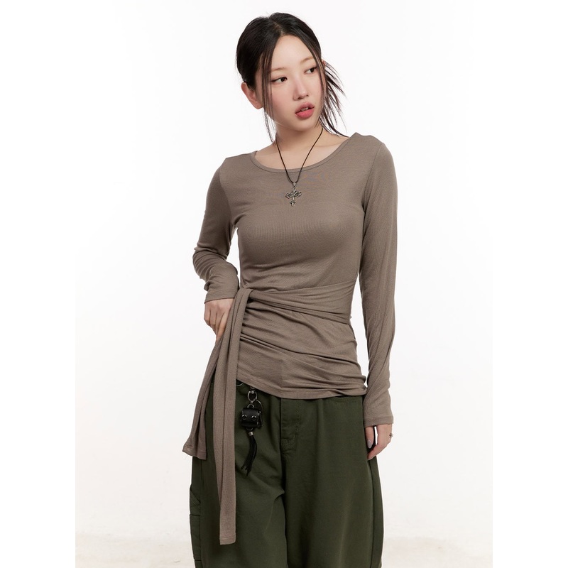Wrap Tie Long-Sleeve Top CM510 Brown S/M