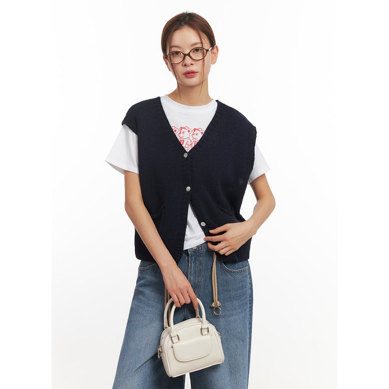 Buttoned V-Neck Sleeveless Sweater IM513 Dark blue S/M