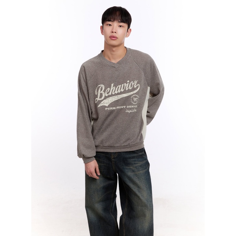 Men’s Graphic V-Neck Long Sleeve Tee IM512 Beige M/L