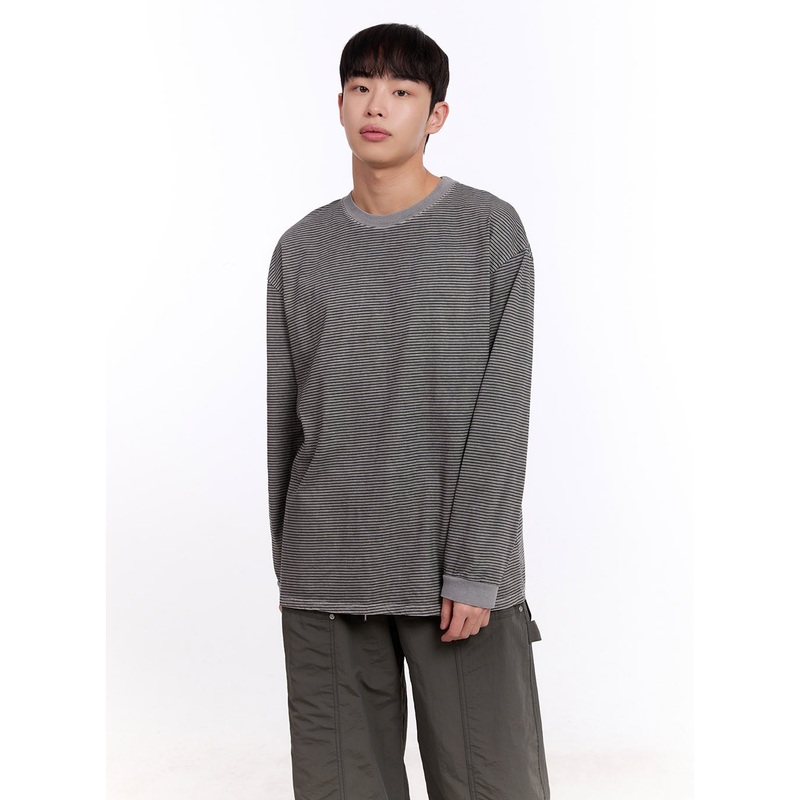 Men’s Oversized Striped Long Sleeve Tee IM512 Gray M/L