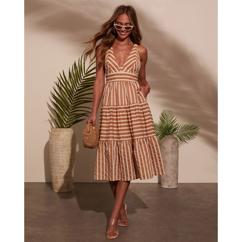 Elly Striped V Neck Midi Dress Nude/Camel S