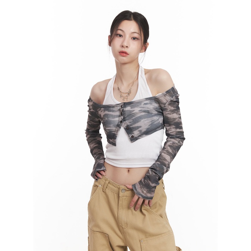 Camo Print Super Crop Cardigan CM517 Dark pink S/M