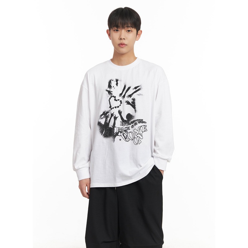 Men’s Cotton Graphic Long Sleeve Tee IM517 White M/L