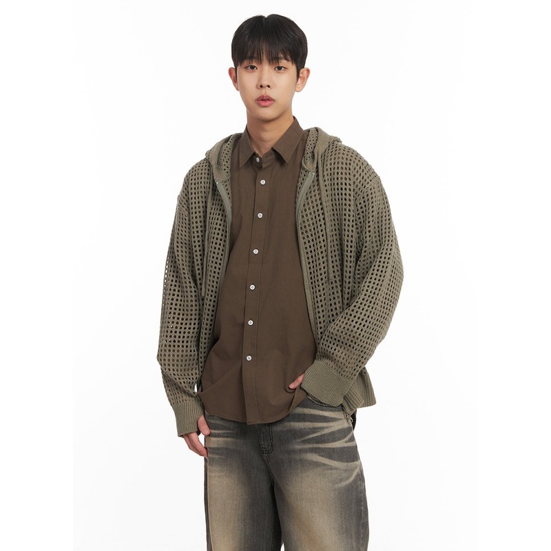 Men’s Mesh Knit Hooded Zip-Up Jacket IM514 Green M/L