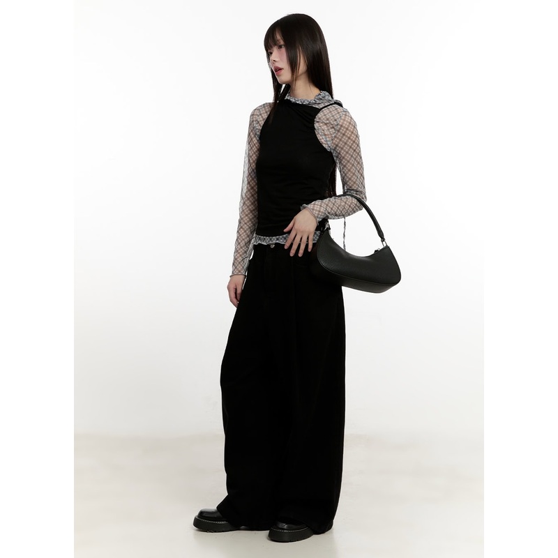 Slim-Fit Plaid Print Sheer Top CM514 Gray S/M