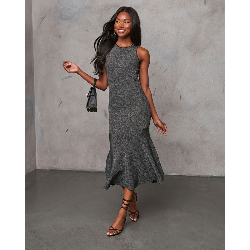 Allira Knit Metallic Mermaid Midi Dress Gunmetal S
