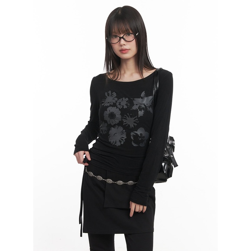 Floral Graphic Sheer Long Sleeve Top CM520 Black S/M