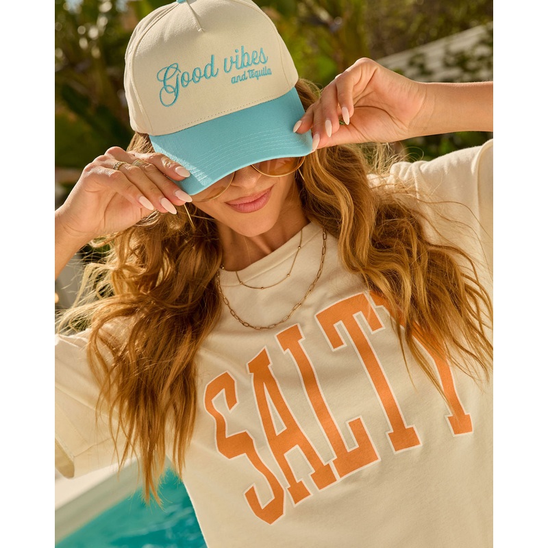 Good Vibes and Tequila Trucker Hat Beige/Blue O/S