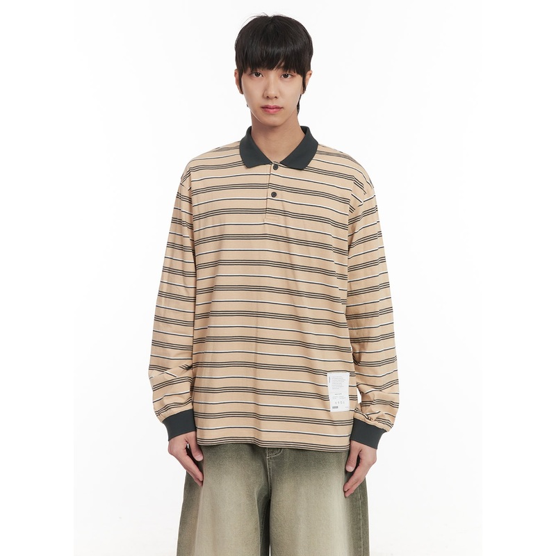 Men’s Striped Collared Polo Shirt IM519 Beige M