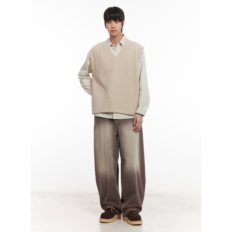 Men’s Wide-Fit Washed Jeans (Brown) IM519 Brown S