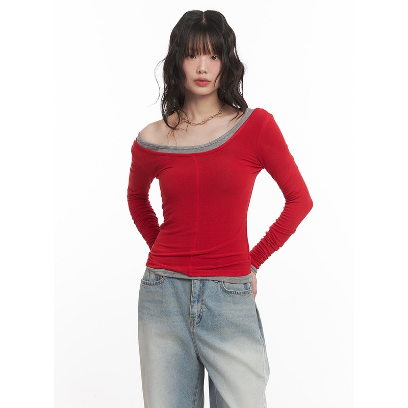 Wool-Blend One-Shoulder Long Sleeve Top CM520 Red S/M