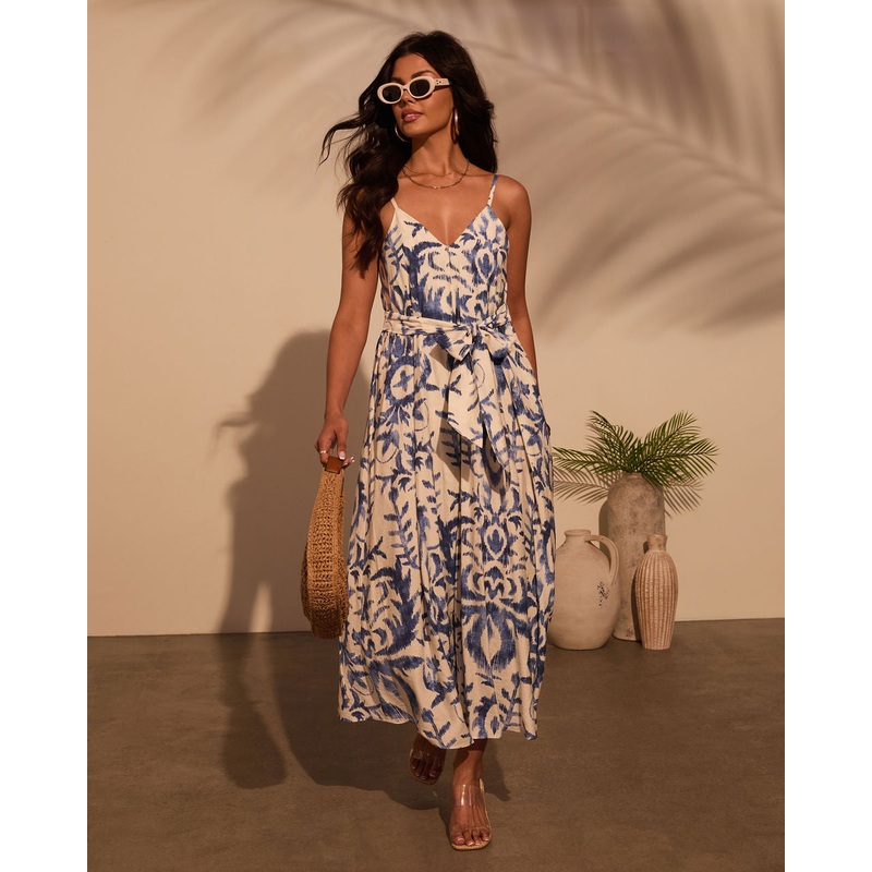 Beachfront Muse Abstract Midi Dress Blue Multi XS