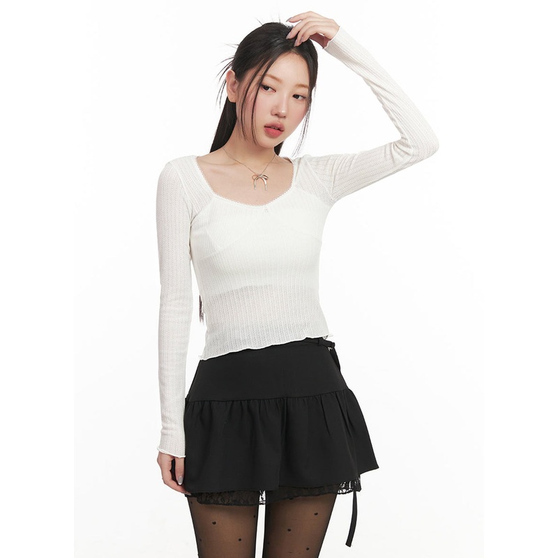 Ribbon Lace-Trim Long-Sleeve Top IM524 White S/M