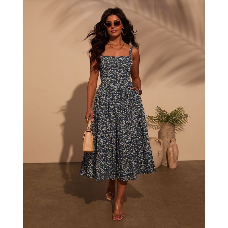 Vivvie Floral A Line Midi Dress Navy/White XS