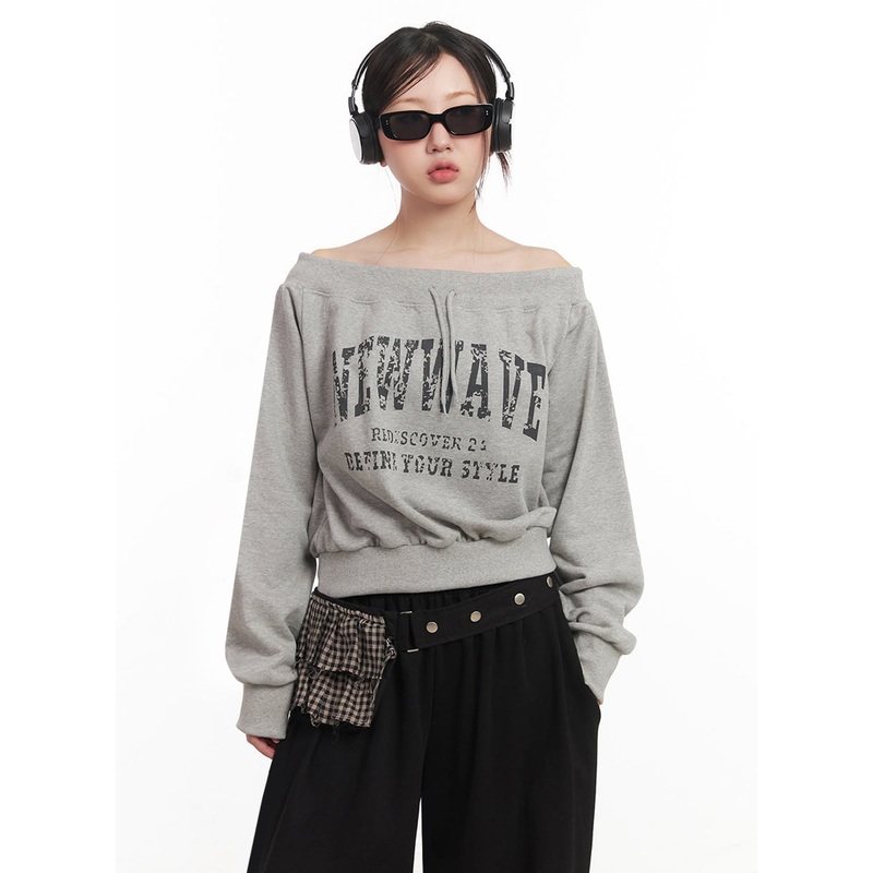 Faded Graphic Off-Shoulder String Sweatshirt IM528 White S/M