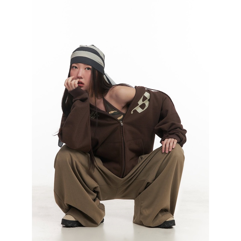 Graphic Oversize Zip-Up Hooded Jacket IM528 Brown M/L