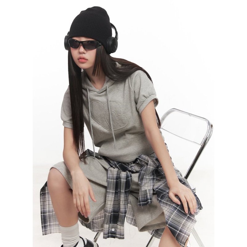 Heart Patched Puff Short-Sleeve Hoodie CM528 Gray S/M