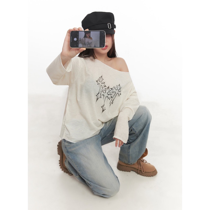 One-Shoulder Sheer Long-Sleeve Graphic Top IM528 Light beige S/M