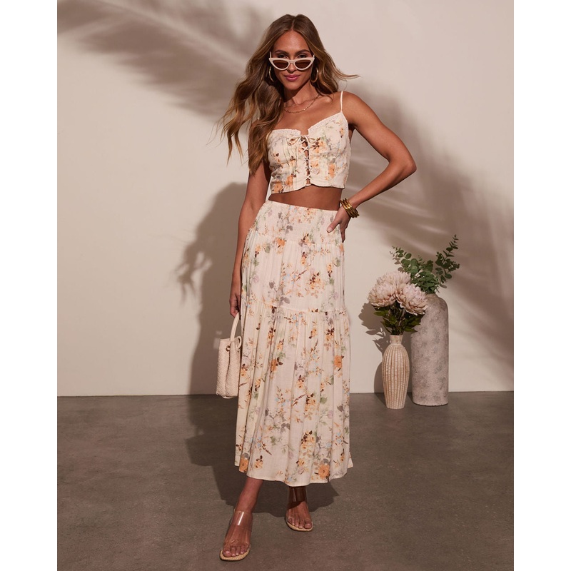 Sightseer Tiered Floral Maxi Skirt Sand Beige/Light Blue S
