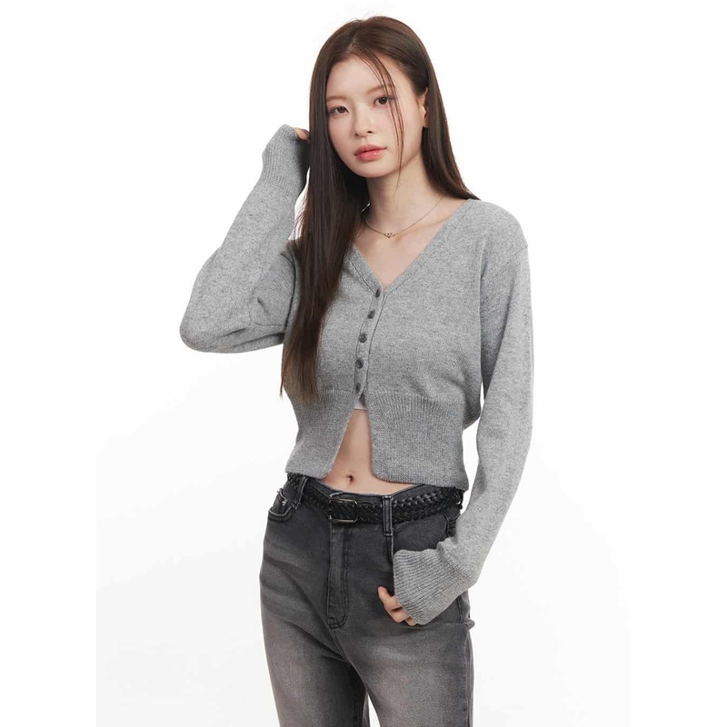 Buttoned V-Neck Cropped Cardigan CA502 Gray S/M