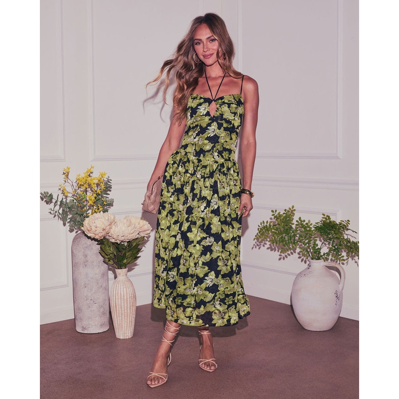 Sasha Floral Halter Midi Dress Black/Green XS