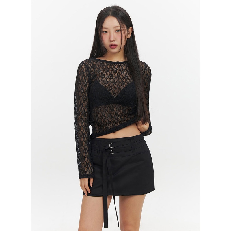 Sheer Lace Long Sleeve Top IF510 Black S/M