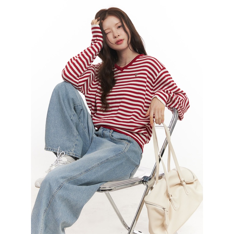 Sweet Apple Stripe V-Neck Sweater CA501 Red S/M
