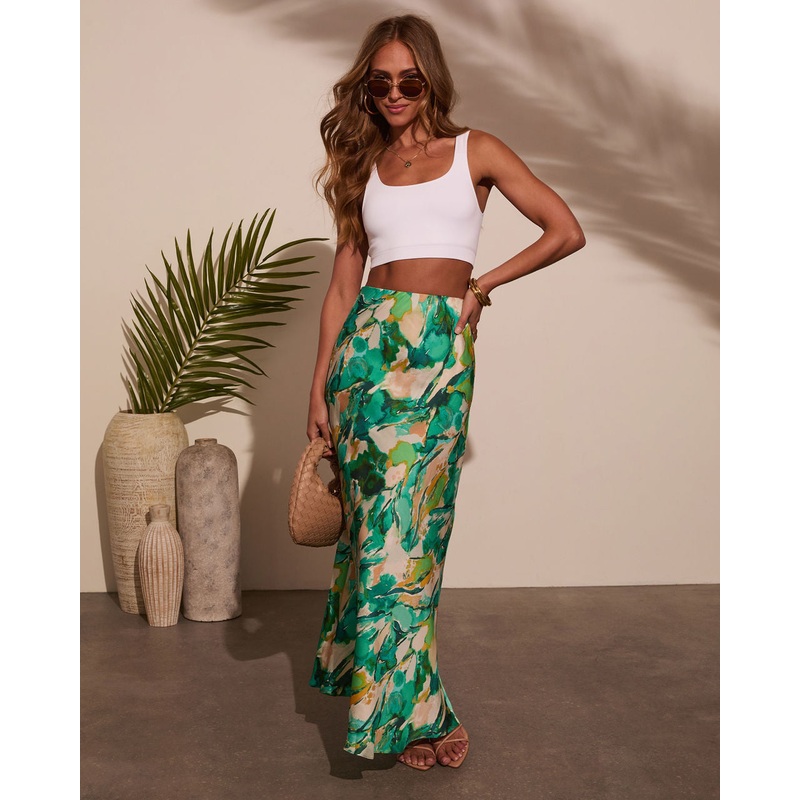 Celestial Gardens Abstract Maxi Skirt Pine Green S